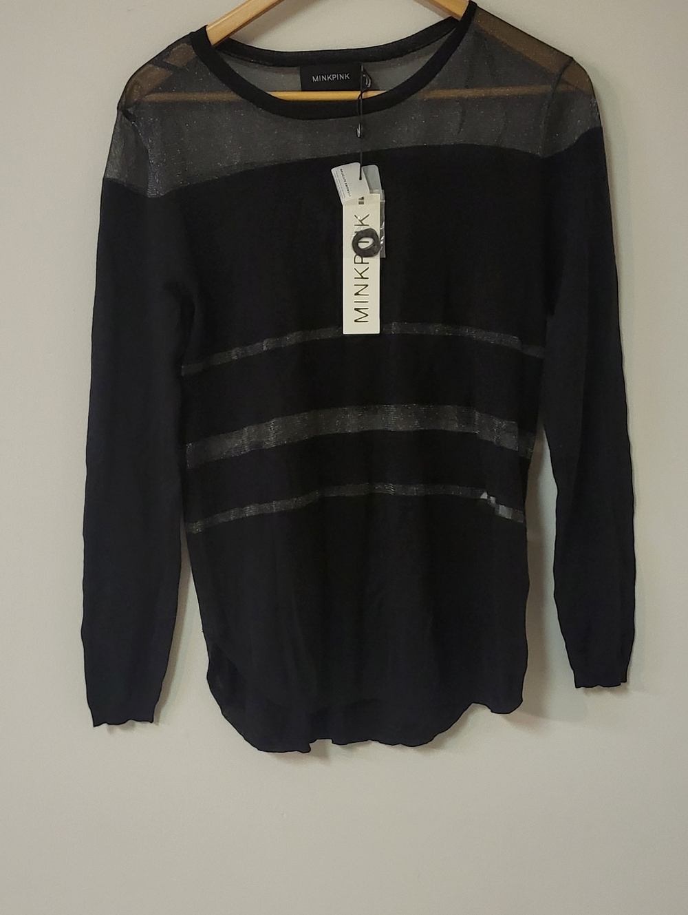 MINKPINK Black Semi-Sheer Stripe Crewneck Top/Sweater NWT